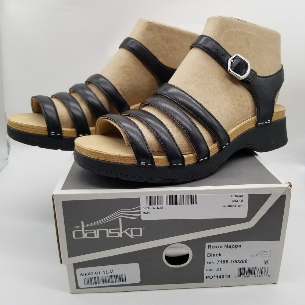 Dansko Roxie Sandals Womens Sz 10.5 Black Nappa Leather Strappy Comfort Shoe